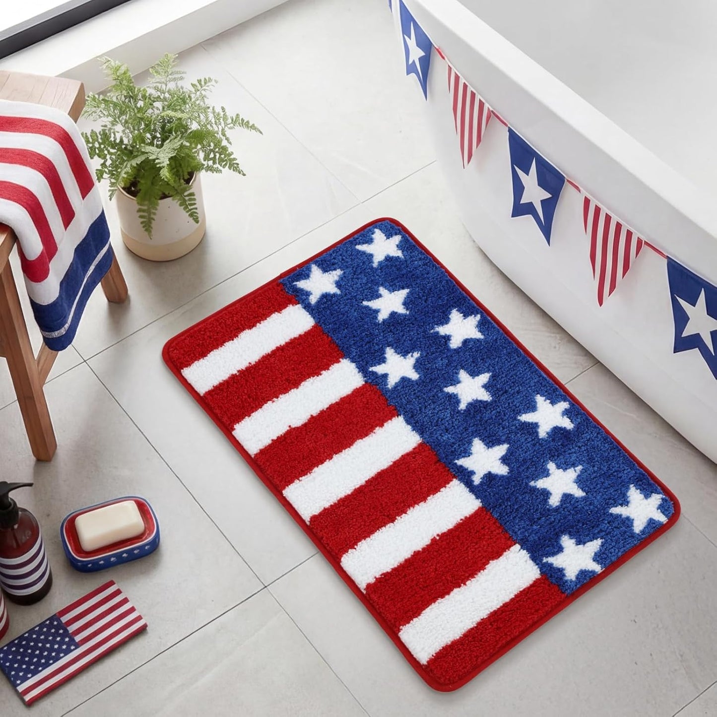 Moutina American Flag Patriotic Bathroom Rugs 17x29 Inch, Soft and Absorbent Tufted 4th of July Rug Non Slip Washable, Memorial Day Bathroom Decor Bath Mat Holiday Decorations