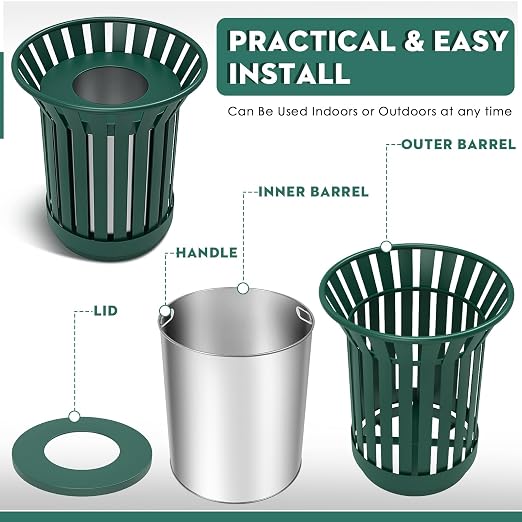 16 Gallon Round Large Outdoor Trash Can, Heavy Duty Metal Slatted Garbage Can - Image 5