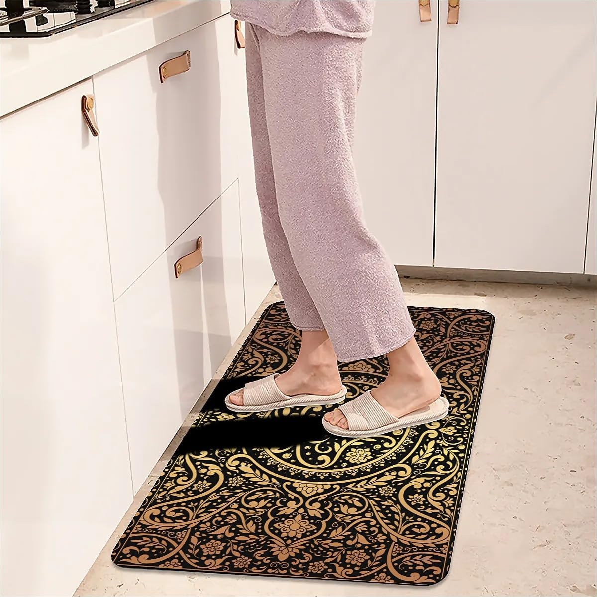 Bath Mat Rug,Black Gold Flower Non Slip Quick Dry Super Absorbent Thin Bathroom Rugs Fit Under Door-Easy to Clean Bathroom Floor Mats-Shower Rug for Shower Sink Bathtub(16" x 24"in)