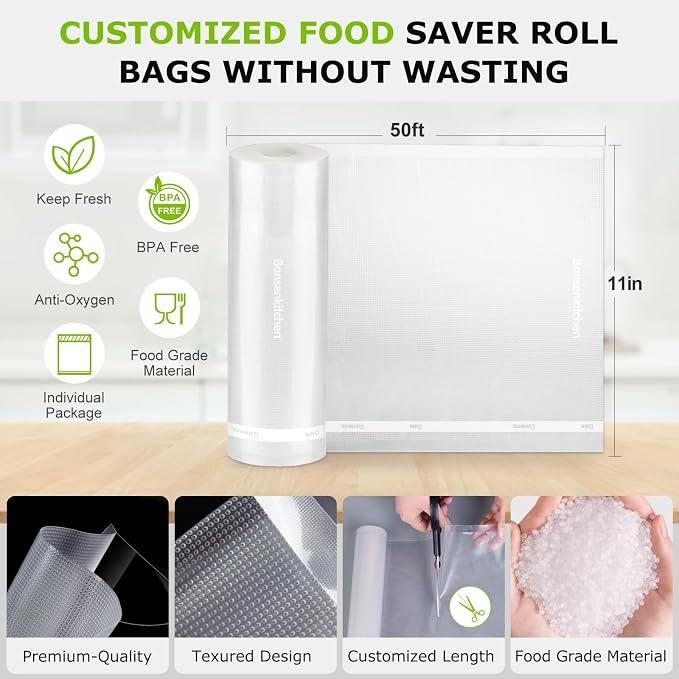 Bonsenkitchen Vacuum Sealer Bags, 11 in x 50 ft Rolls 2 Pack Seal Bags - Image 3