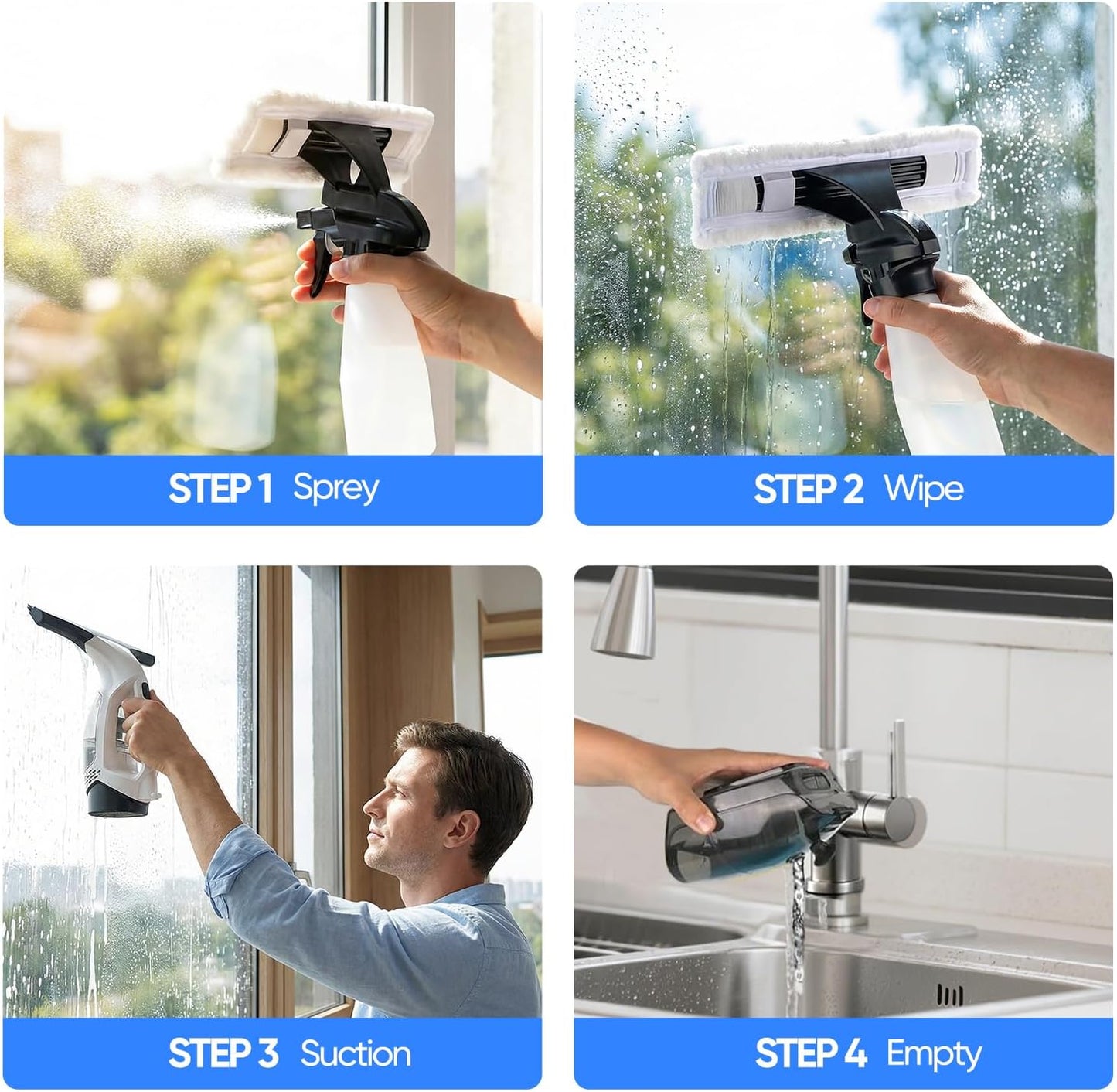 Cordless Window Vacuum Cleaner, Electric Squeegee with 2000Pa Suction, 30-40 in. Adjustable Extension Pole, 11 in. Blade for High Windows, Shower Doors, Mirrors, Tiles & Car Glass