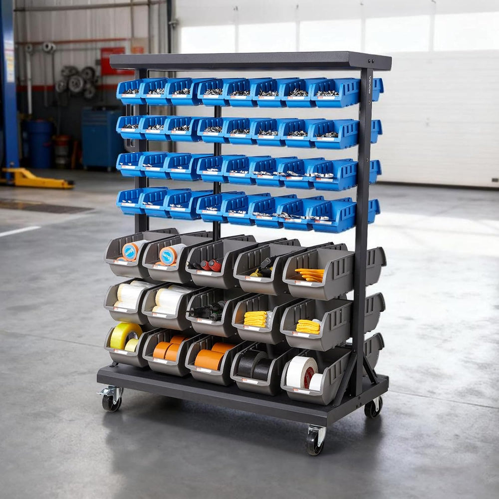 VEVOR 7-Tier Double-Sided Rolling Bin Storage Rack, 94 Plastic Bins, Dual-Sid...