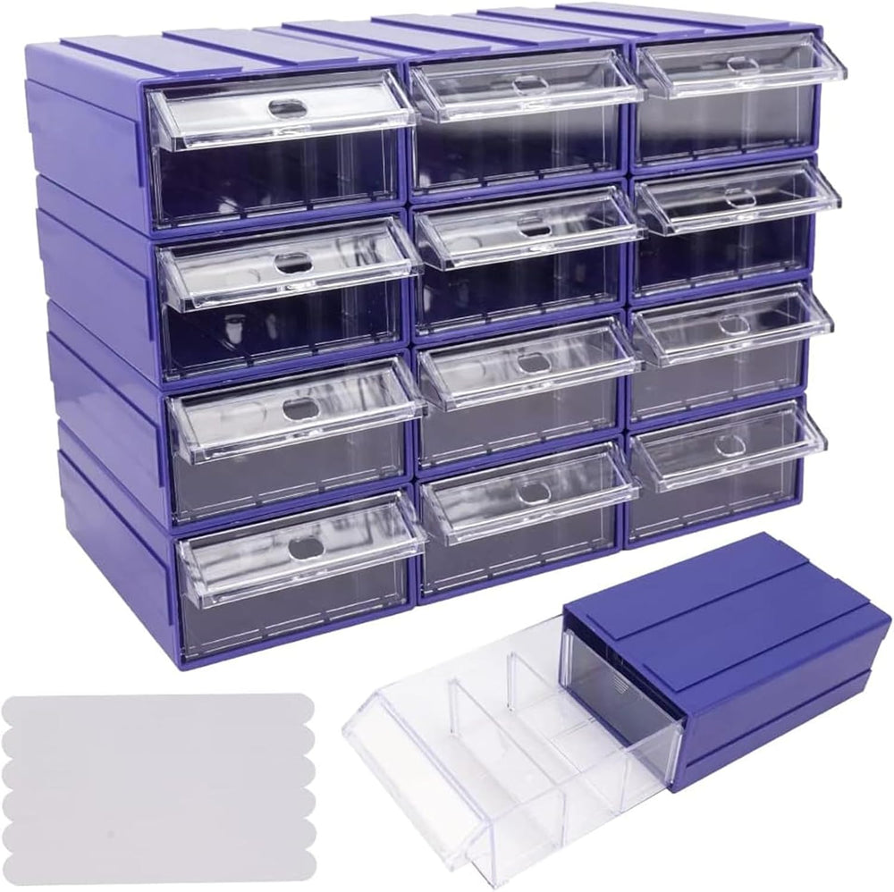 12 Pcs Drawer Stacking Storage Cabinet, Blue Plastic Drawers Storage Closet &...
