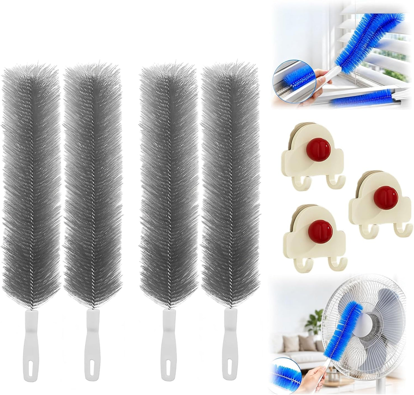 2Pcs Flexible Duster with Bendable Microfiber Head, Reusable Dust Remover, Fan Brush Cleaner for Ceiling Fans, Blinds, Furniture, Cars, Home Cleaning Tool with Soft Washable Fiber Head (Grey*4)