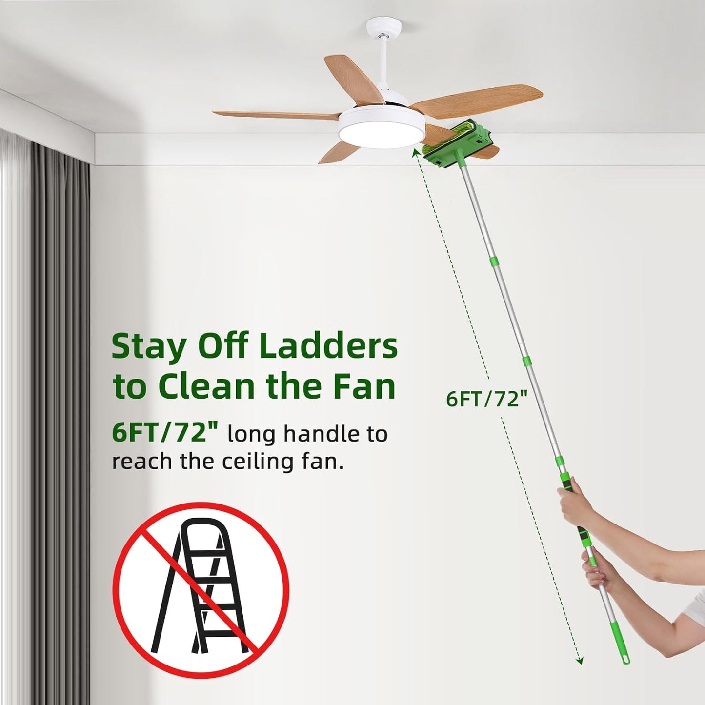 Ceiling Fan Cleaner Cobweb Duster with 6Ft/72'' Extension Pole High Ceiling Fan Blade Cleaning Tool Microfiber Duster Reusable Pads for Cleaning Ceiling Fan, Spider Web, Baseboard, Blind