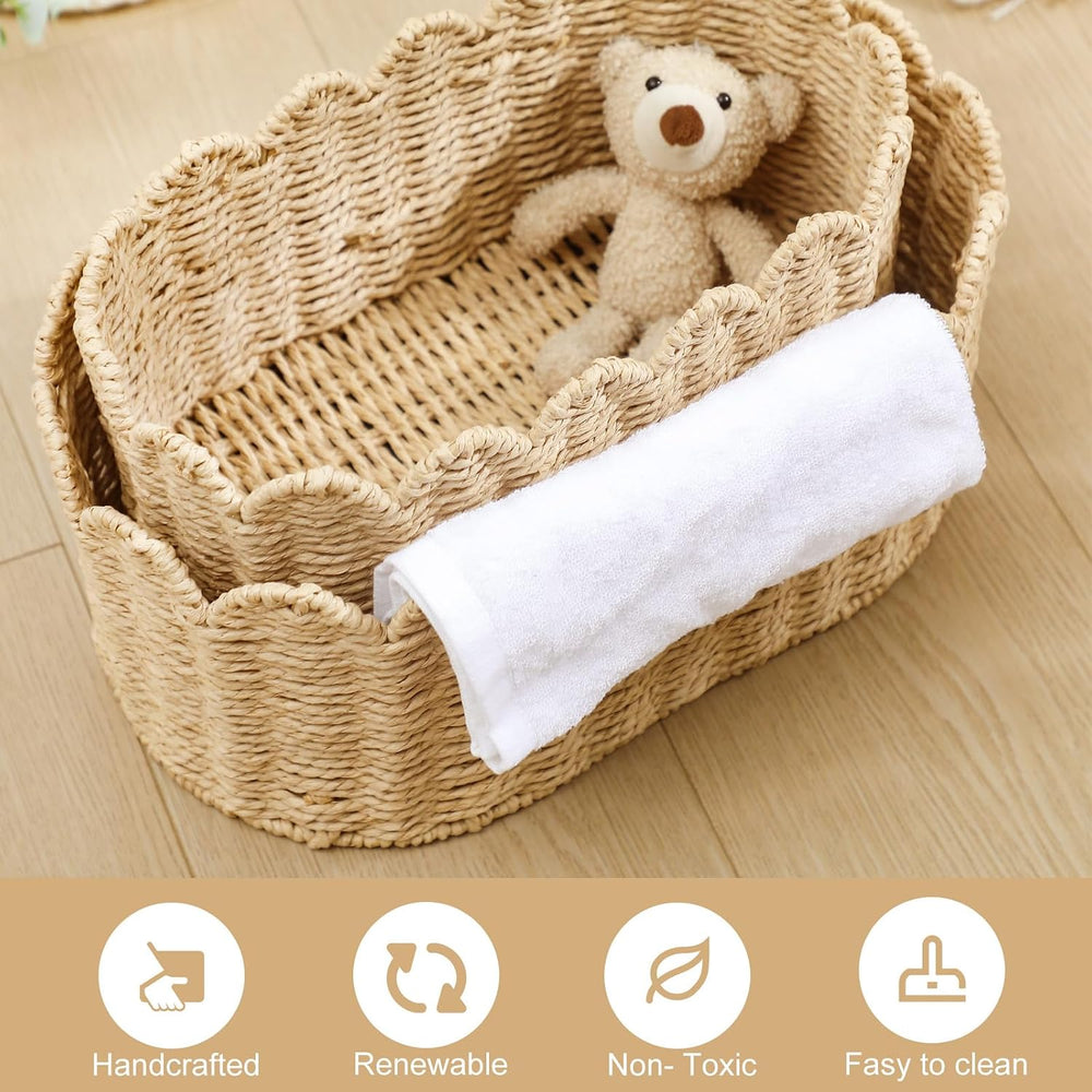 2 Pcs Scalloped Basket Set Hand-woven Baskets with Scalloped Design, 16 x 10 ...