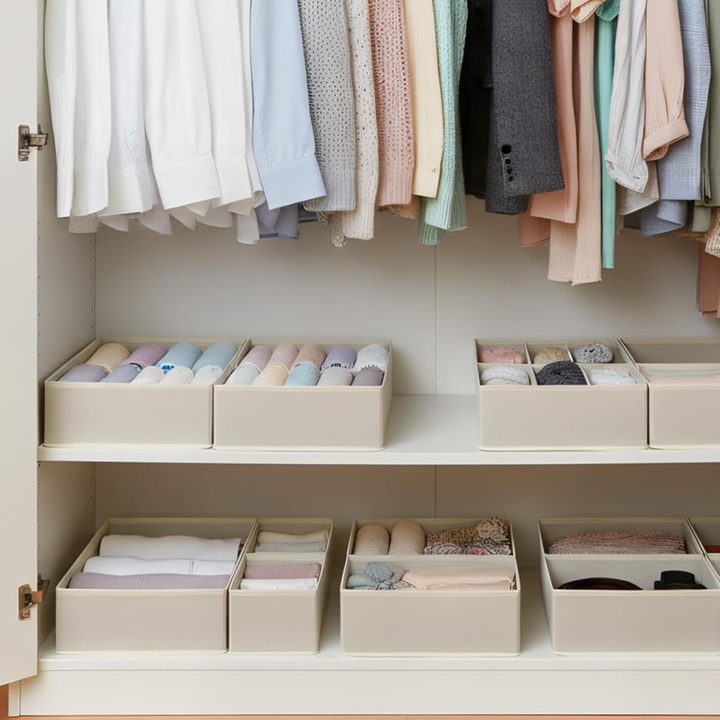 Drawer Organizer Set 6 Pack - Foldable Fabric Storage Bins with Zipper Bottom for Underwear Socks Bras Baby Clothes - Closet Dresser Organizers Dividers for Bedroom Nursery, Beige