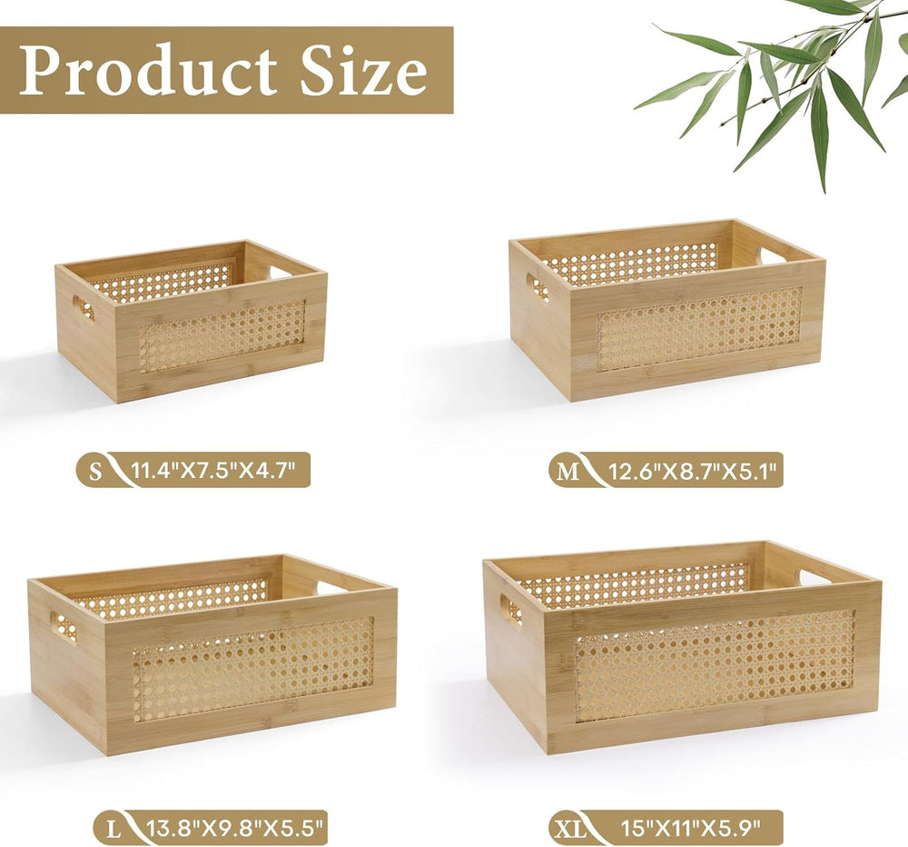 Rattan Wooden Box Set of 4 Handmade Decorative Storage Basket with Handles