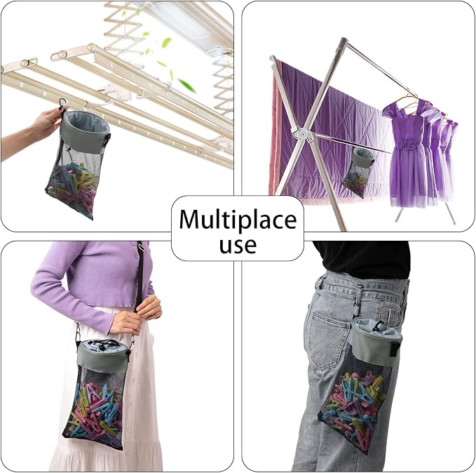Mesh Clothespin Bag with Hooks Hanging Clothes Pin Bag with Drawstring Closure - Image 5