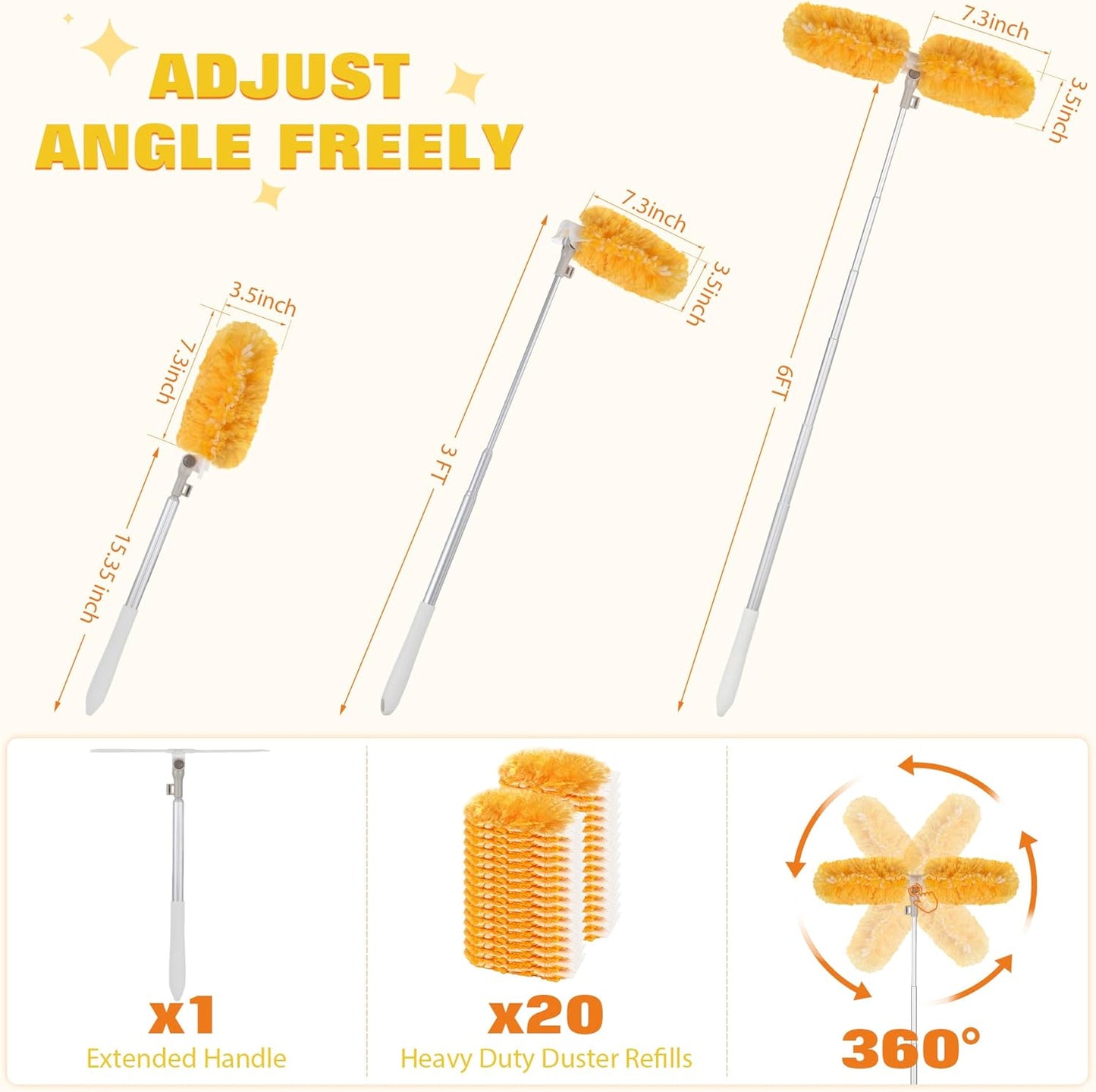 6 ft Extendable Duster Handle with 20 Pcs, 360° Heavy Duty Duster Refills Kit for Swiffer, 4X Electrostatic Microfiber for Cleaning Home, Effortlessly Reach Ceilings, Fans & Hard-to-Reach Areas
