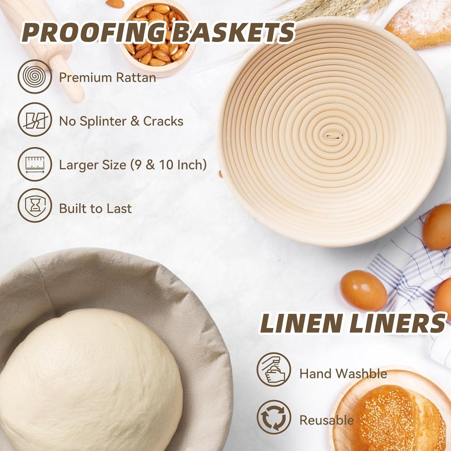 Kikcoin 9" & 10" Banneton Bread Proofing Basket Set, Round Banneton Basket for Sourdough Baking, Baking Supplies with Linen Liner, Bread Lame & Dough Whisk, Sourdough Proofing Tools