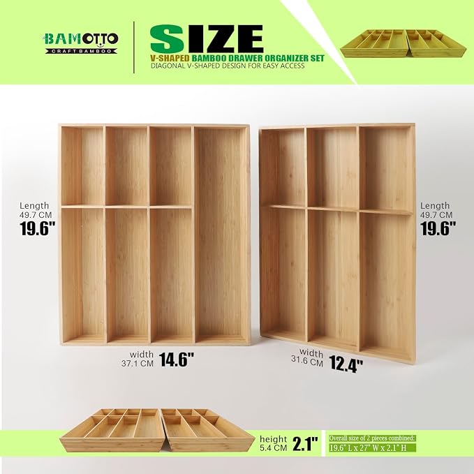 V-Shaped Extra Large Bamboo Drawer Organizer Set of 2, Kitchen Cutlery Tray