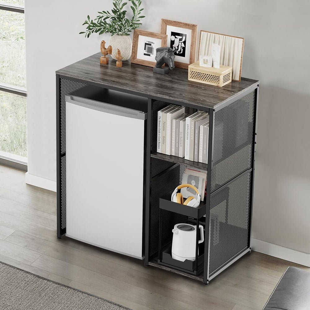 KirKical 3-Tier Slate Rustic Grey Coffee Bar Cabinet with Mini Fridge Space