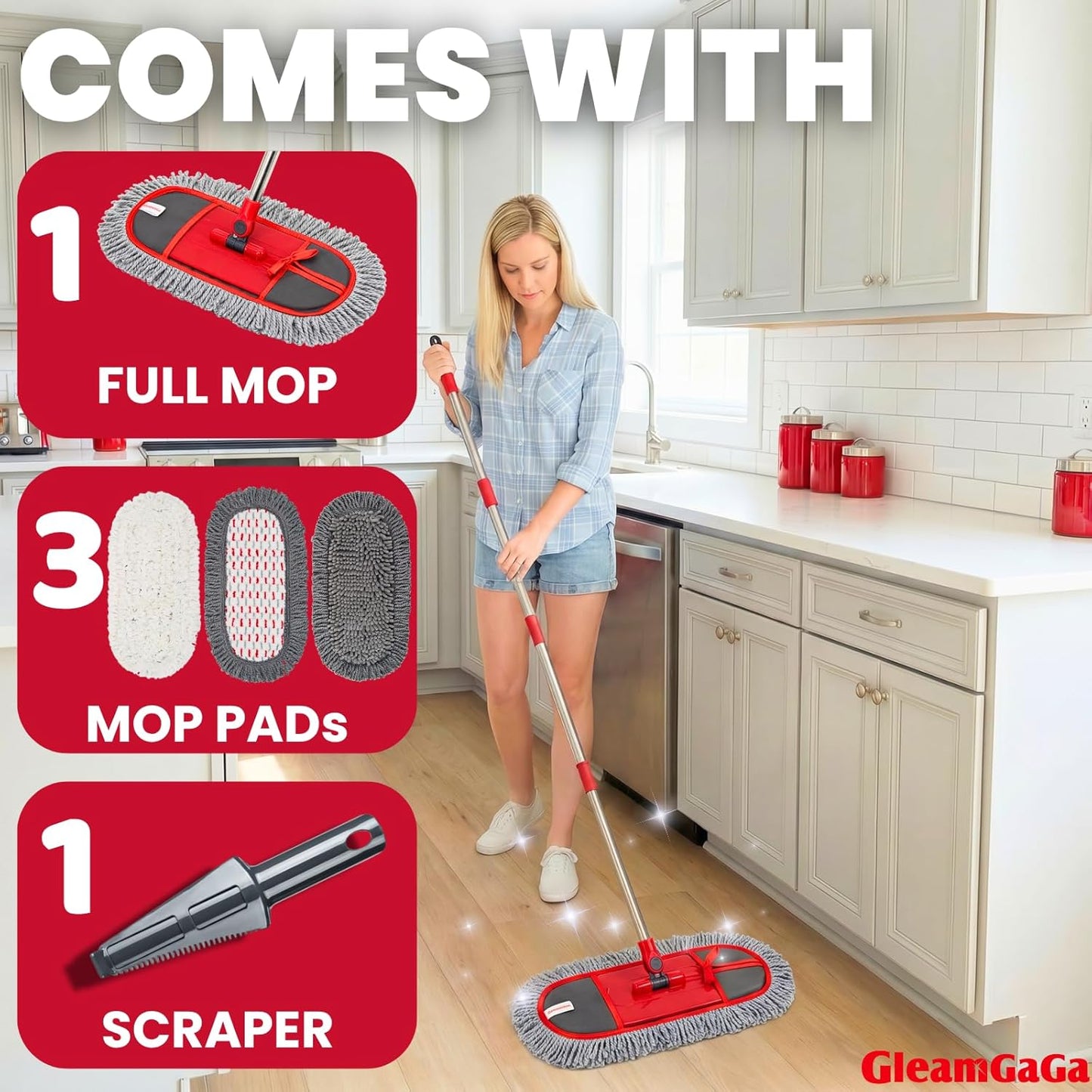 Wide Dust Mop for Floor Cleaning with 3 Washable Pads, 14.4” × 5.1” Flat Mop Head, 62” Stainless Steel Handle, Lightweight Multi-Surface Mop for Hardwood, Marble & Tile