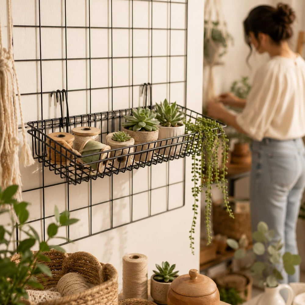 ANZOME Grid Wall Baskets, 4 Pack Black Wire Mesh with Hooks