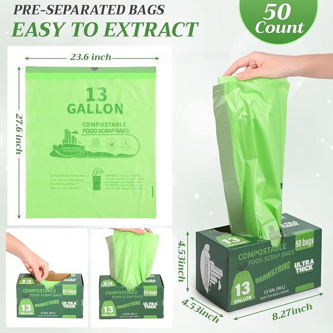 Amyhill 50 Count Compostable Kitchen Trash Bags 13 Gallon Compostable - Image 3
