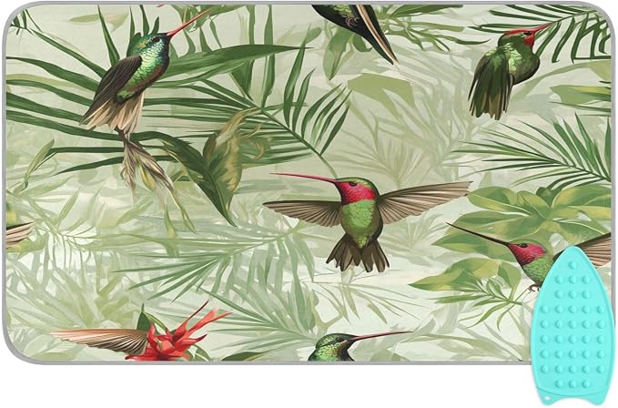 Green Anna Hummingbird and Palm Leaves Ironing Mat Thickened Ironing Blanket by QwThum