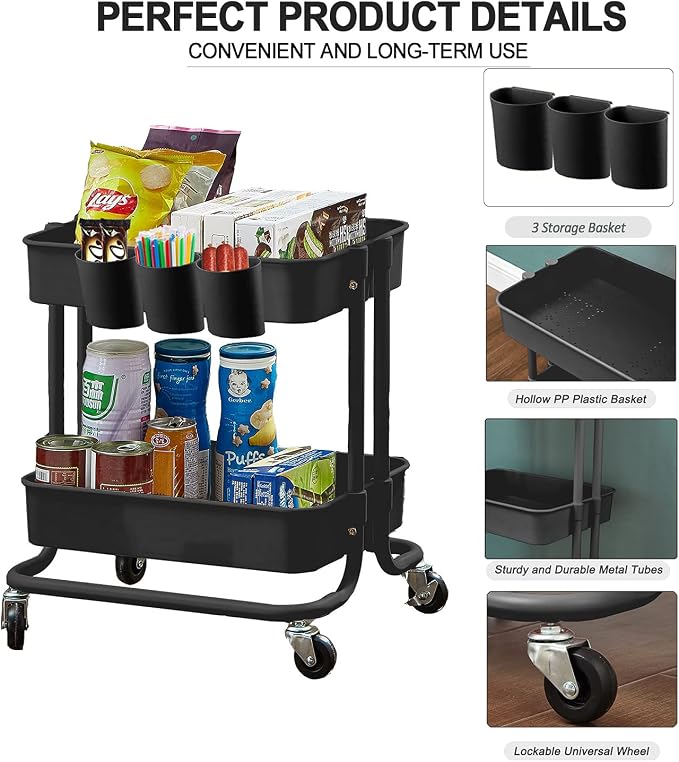 Melody House 2-Tier Utility Rolling Cart Storage Sofa Side Table - Image 3