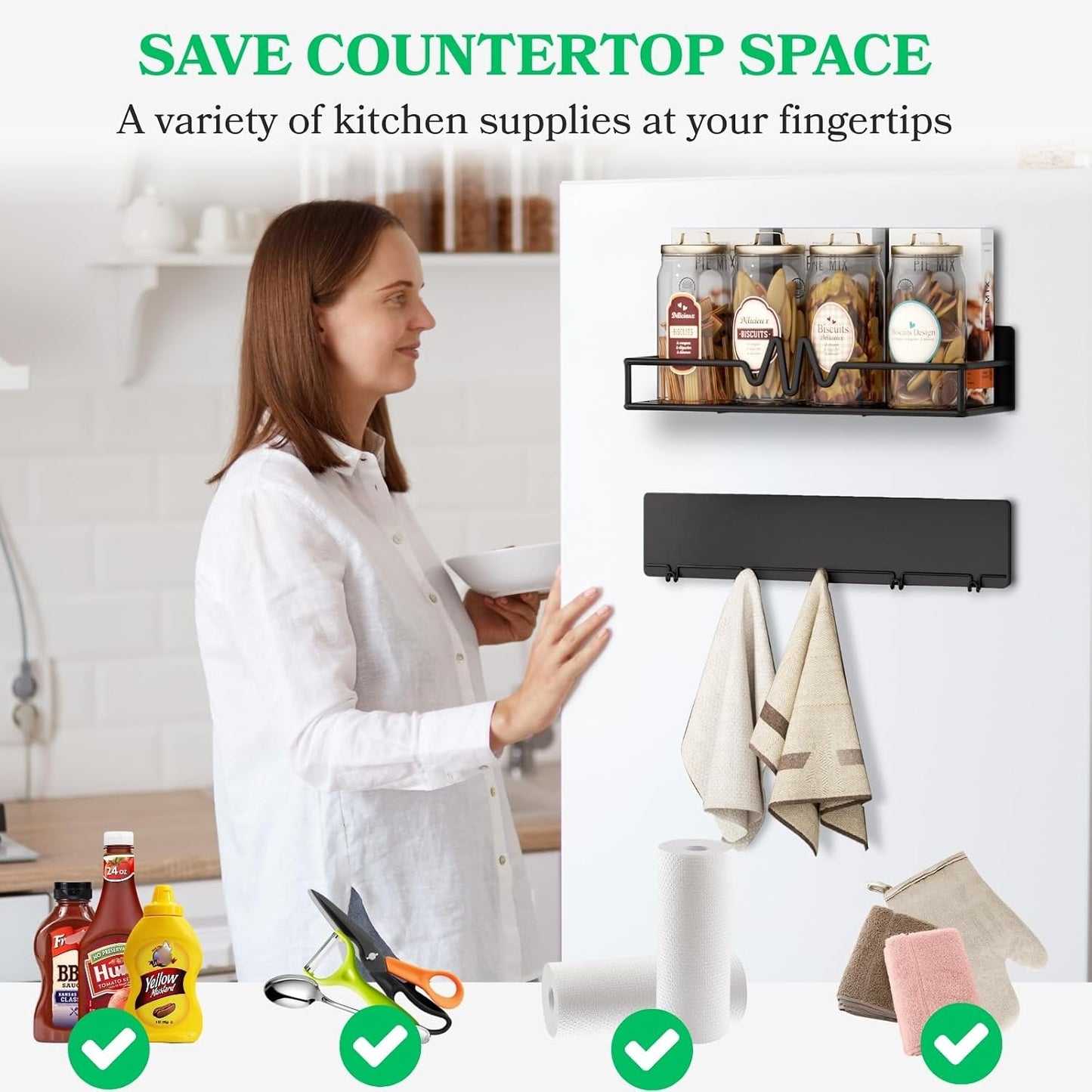 5-Pack Magnetic Spice Rack for Refrigerator, Black | Heavy Duty Magnetic Shelf, Paper Towel Holder Included, Utensils Racks & Hook Rail, Home Kitchen Laundry Room RV Storage