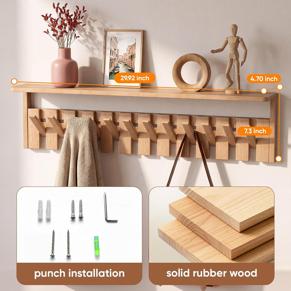 Wall Mounted Coat Rack with Shelf, 12 Flip-Down Hooks, Natural