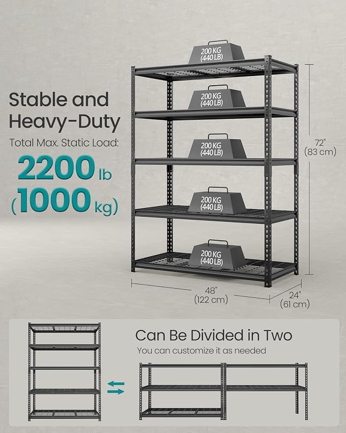 SONGMICS 5-Tier Storage Shelves, Heavy-Duty Garage Shelving, Adjustable