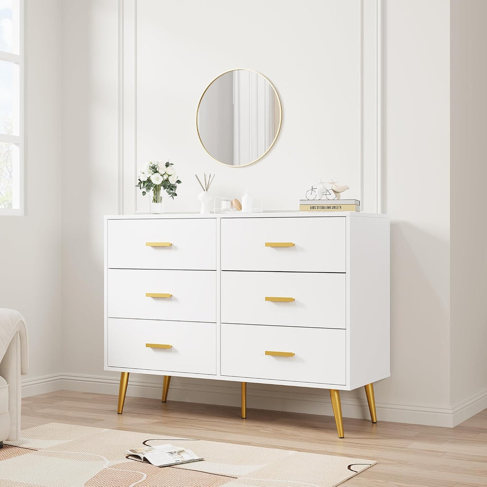 IDEALHOUSE 6 Drawer Dresser, Chest of Drawers with Gold Handles, White