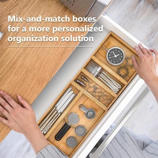 Bamboo Kitchen Drawer Organizer, Stackable Silverware Tray Utensil Organizer - Image 2