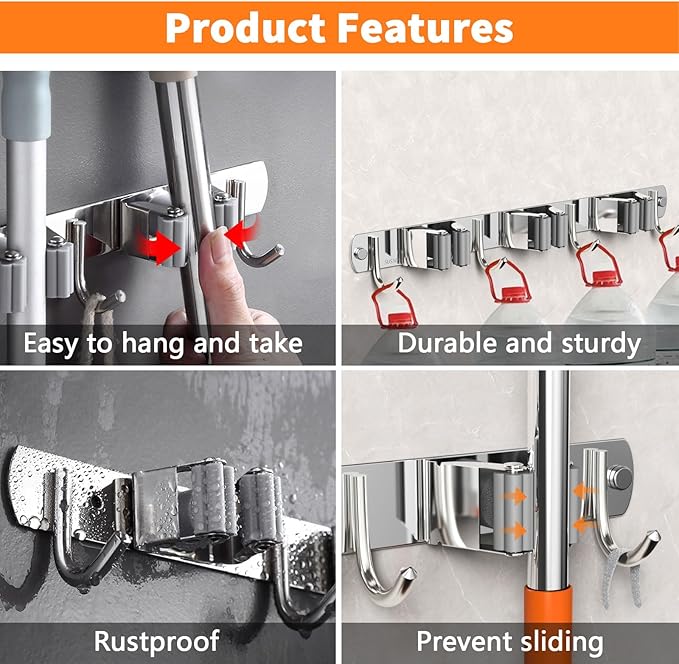 2 Pack Mop and Broom Holder Wall Mount, Non-slip Broom Hanger Wall Mount - Image 4