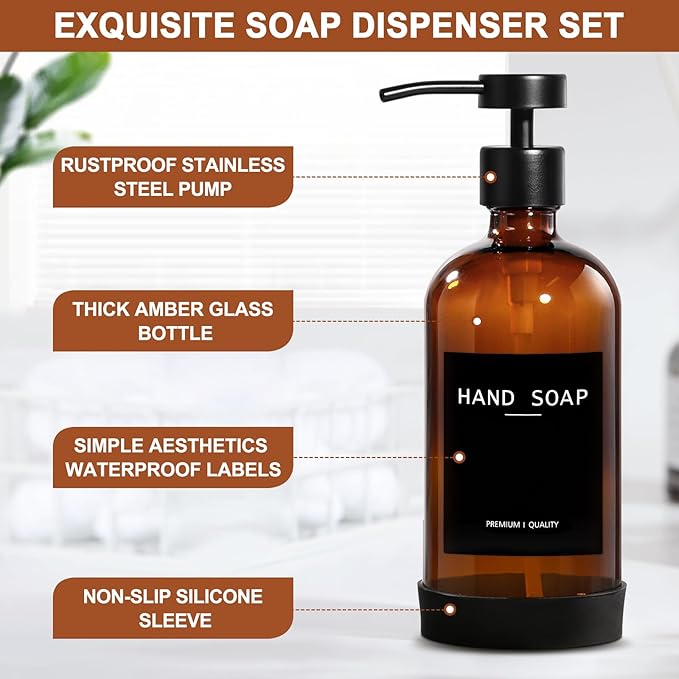Amber Glass Soap Dispenser 2 Pack, Hand Soap Dispenser Bathroom - Image 3
