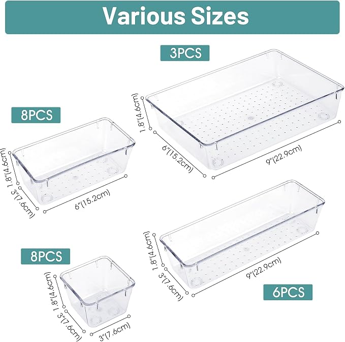 WOWBOX 25 PCS Clear Plastic Drawer Organizer Set, 4 Sizes Desk Drawer Divider - Image 2