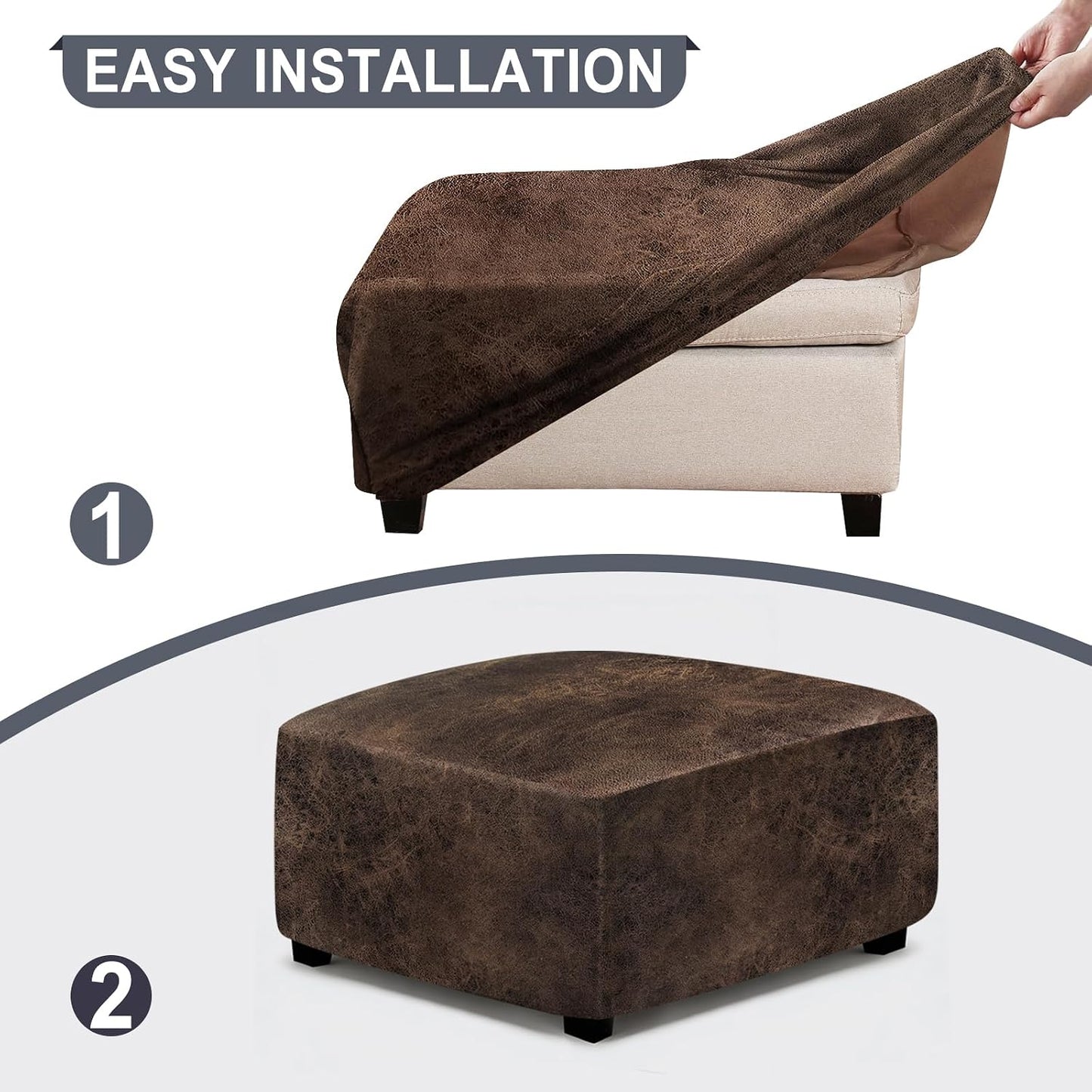 ANARACHON Leather Like Ottoman Cover, Stretch Small Square Ottoman Covers, Rectangular Ottoman Slipcovers with Removable Washable Non-Slip Elastic Bottom for Footstools (02 Brown, XX-Large)