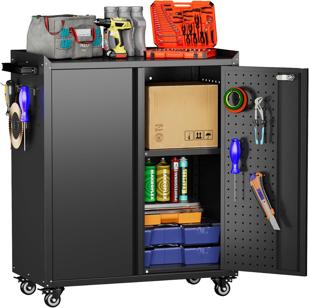 Aobabo 31.5" H Metal Storage Cabinet with Wheels and 2 Pegboards, Lockab...
