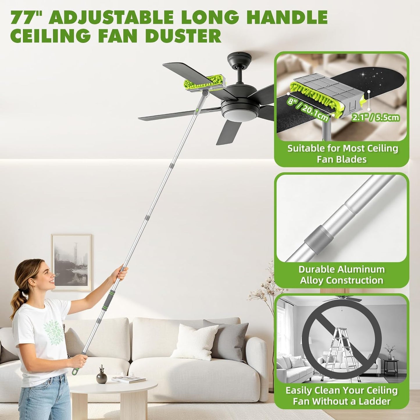 Ceiling Fan Cleaner Duster with 6 Ft/77'' Extendable Long Handle Multi-Functional Chenille Fan Duster for Ceiling Fan Blades, Blind, Cobweb, Vent, Wall