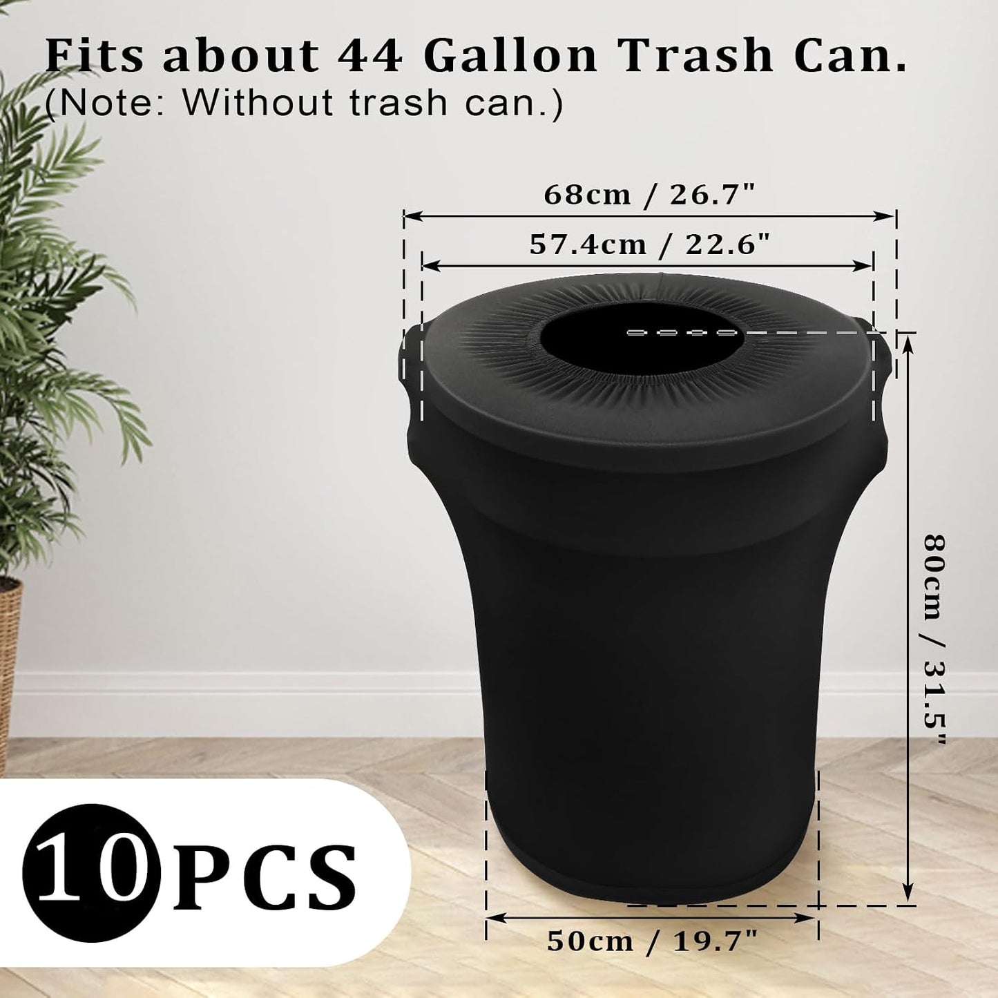 BSTKEY 44 Gallon Stretch Spandex Trash Can Cover, 10 Pack Outdoor Fitted Waste Container Cover Round Garbage Can Covers for Wedding Party Commercial Fundraiser Decor, Without Trash Can (Black)