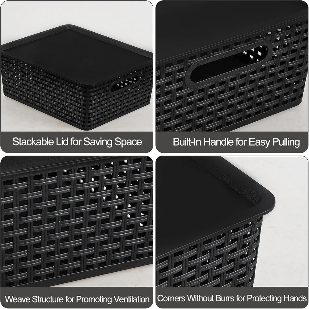 6 Packs Large Plastic Storage Baskets with Lid, Shelf Bins, Black