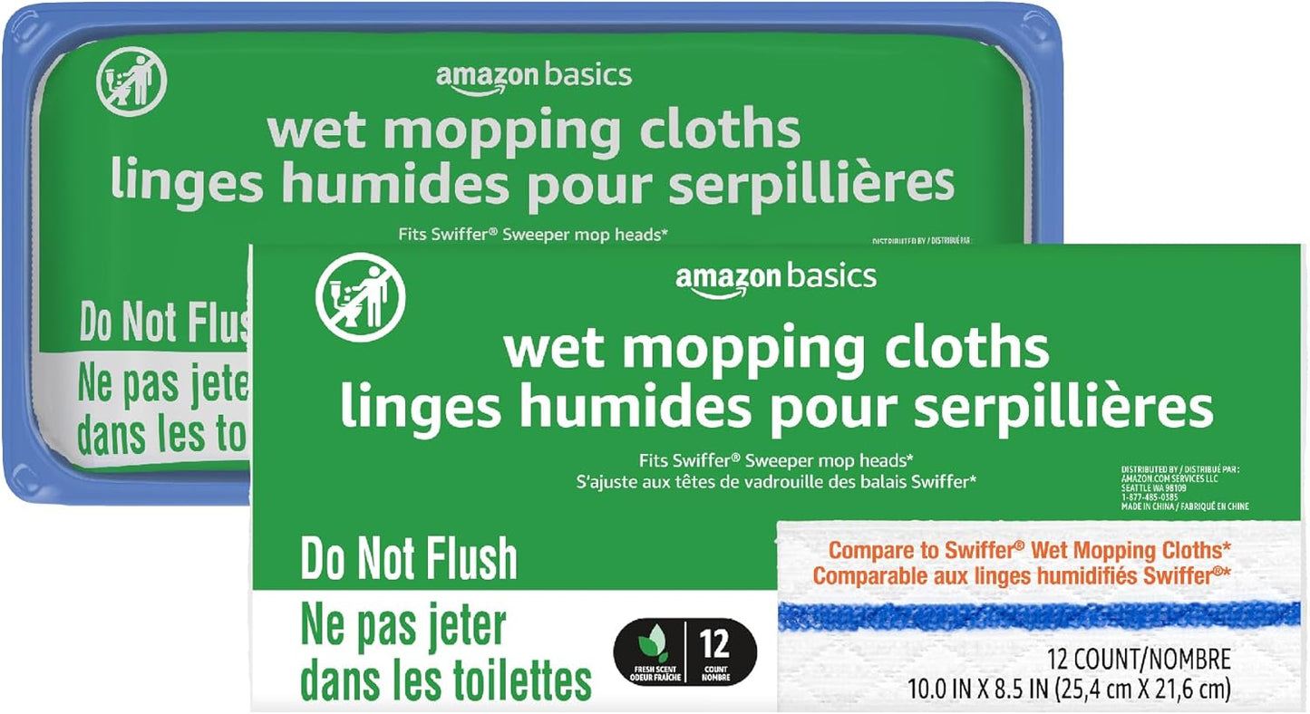 Amazon Basics Wet Mopping Cloth Refills, Multi-Surface Floor Cleaning, Fresh Scent, Low Streak, Disposable, 24 Count (Fits Swiffer Sweeper Mop Heads)