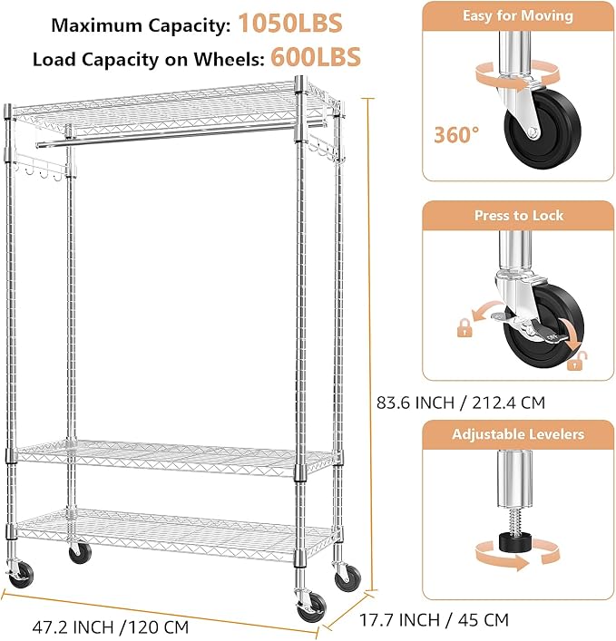 Heavy Duty Rolling Garment Rack 3 Tiers Adjustable Wire Shelving Clothes Rack - Image 6