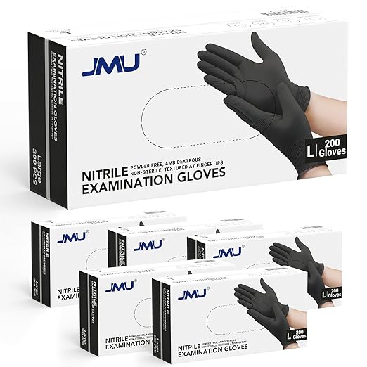 JMU Black Nitrile Gloves Large Case of 1200, Latex Free & Powder Free Medical by JMU