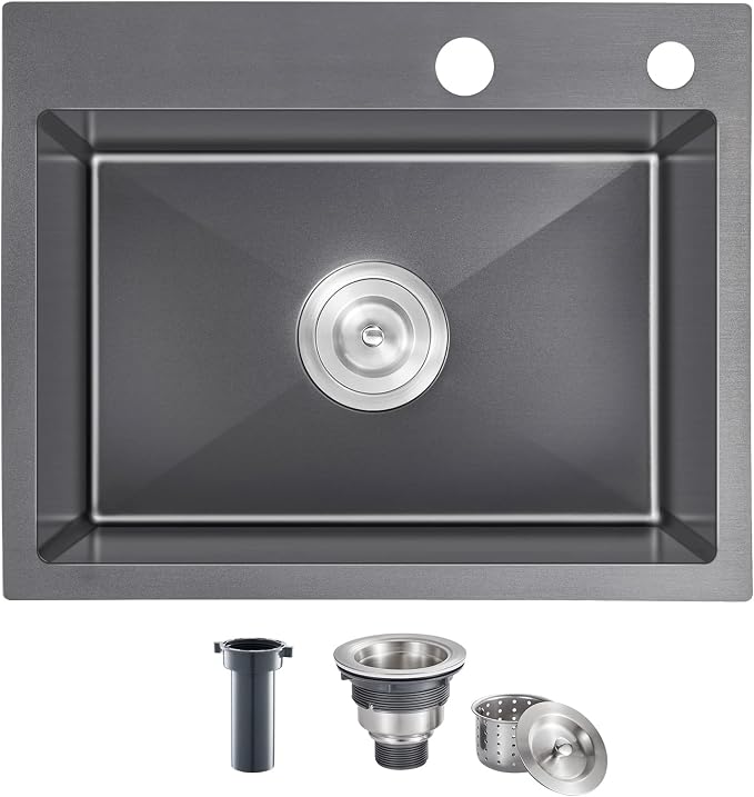 20x16 Inch Drop in Kitchen Sink, 304 Black Stainless Steel Sink, R10 Tight by OUGOO