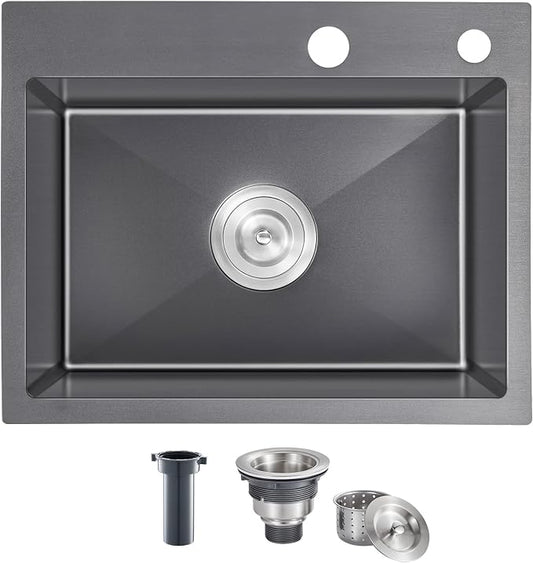 20x16 Inch Drop in Kitchen Sink, 304 Black Stainless Steel Sink, R10 Tight by OUGOO