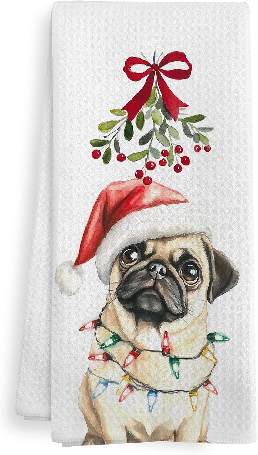 Funny Christmas Pug Dog Kitchen Towels, Pugs Gifts for Pugs Lovers Women Kids Men, Mistletoe Pug Christmas Ornament Decor Dish Hand Tea Towels Accessories Stuff for Bathroom Kitchen, 16x24 In