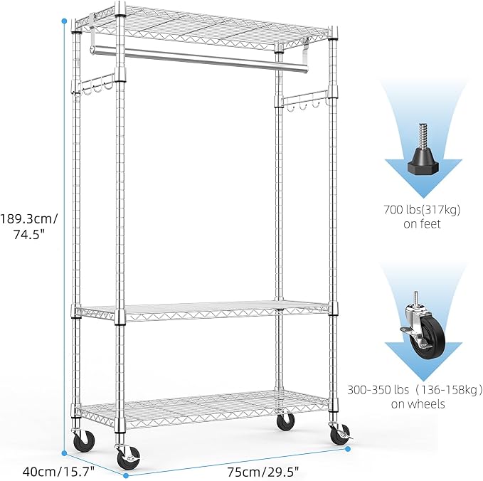 Heavy Duty Rolling Garment Rack 3 Tiers Adjustable Wire Shelving Clothes Rack - Image 6