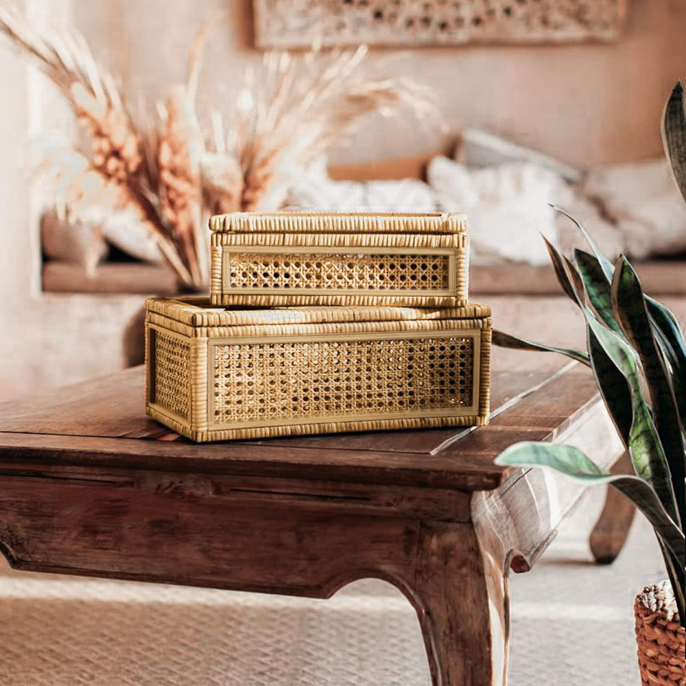 Large Handwoven Boho Rattan Display Boxes with Glass Lids Set of 2
