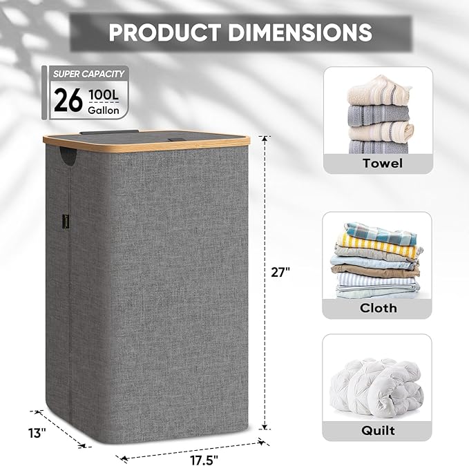 BALEINE Laundry Hamper with Lid, Tall Laundry Baskets with Bamboo Pull Handles - Image 4