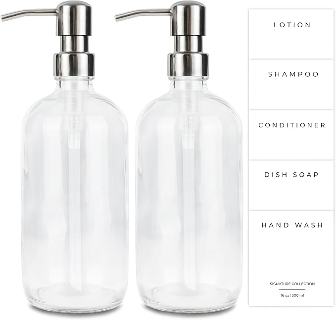 Emerson Essentials Glass Soap Bottle Dispensers, 2 Pack, Stainless-Steel Pumps by Emerson+Essentials