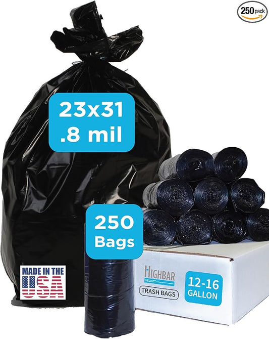 Home and Kitchen Durable Black Trash Bags, 12-16 Gallon, Strong and Puncture by HighBarTrashLiners