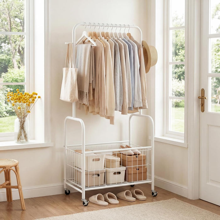 GIANTEX 35" Clothes Rack with Storage Basket,Heavy-Duty Clothing Rack with Lockable Wheels, Hanging Rod, 2 Side Hooks, Rolling Metal Garment Racks for Bedroom, Laundry Room (White)
