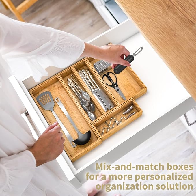 Bamboo Kitchen Drawer Organizer, Stackable Silverware Tray Utensil Organizer - Image 2