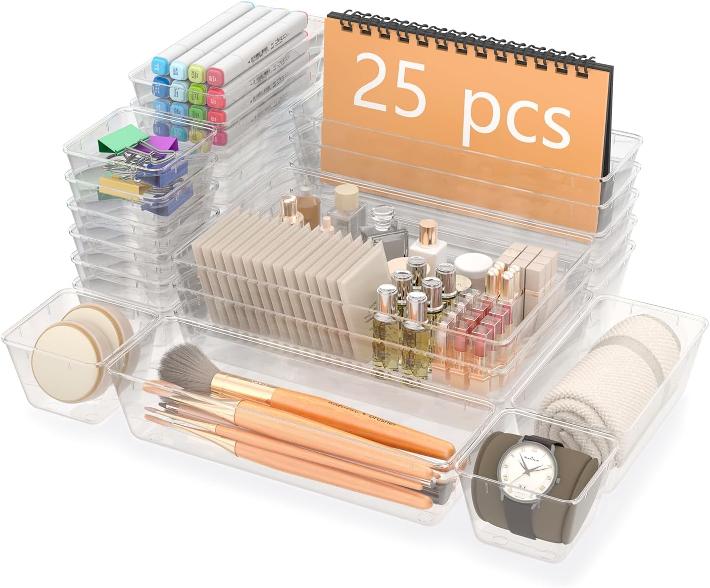 Yanosaku 25 PCS Clear Plastic Drawer Organizer Set, 4 Sizes Vanity Organizers, Desk Drawer Divider Organizers and Storage Bins for Makeup, Jewelry, Gadgets for Kitchen, Bathroom, Office