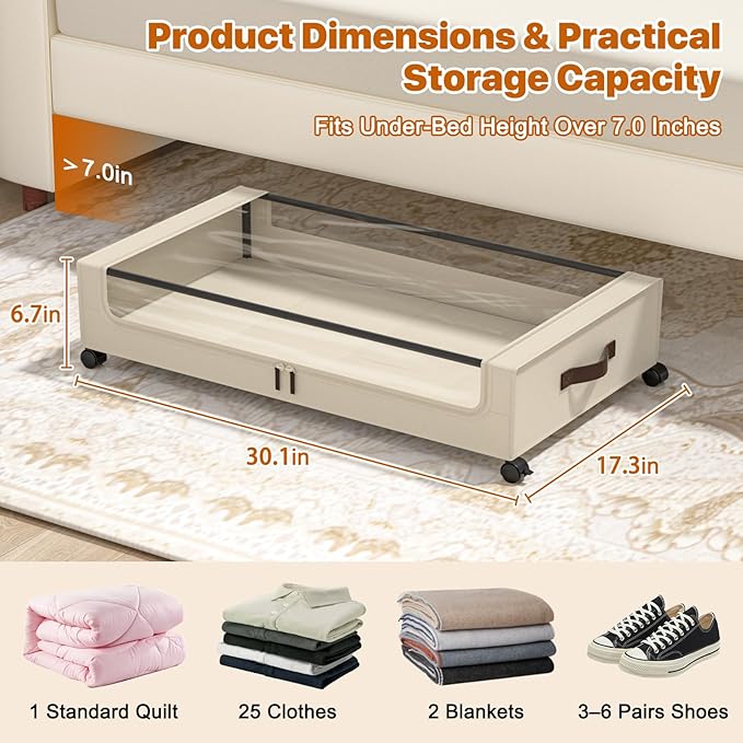 Under Bed Storage with Wheels, 4 Pack Under Bed Storage Containers with Clear - Image 2